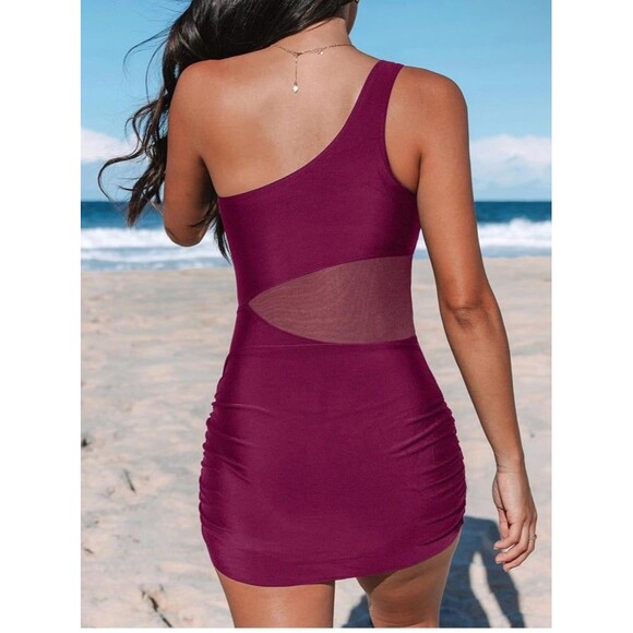 CUPSHE Women's One Piece Swimsuit Asymmetrical Neck Mesh Side NWT Size S Tummy C - Picture 4 of 12